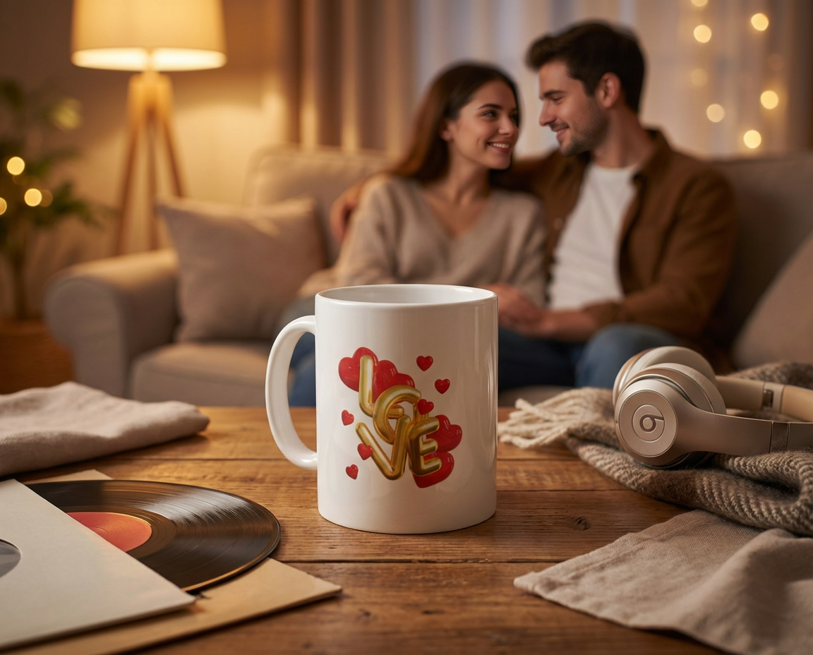 Firefly_Gemini Flash_A white ceramic personalized mug placed on a warm wooden table in a cozy, romantic in 888079 (1)