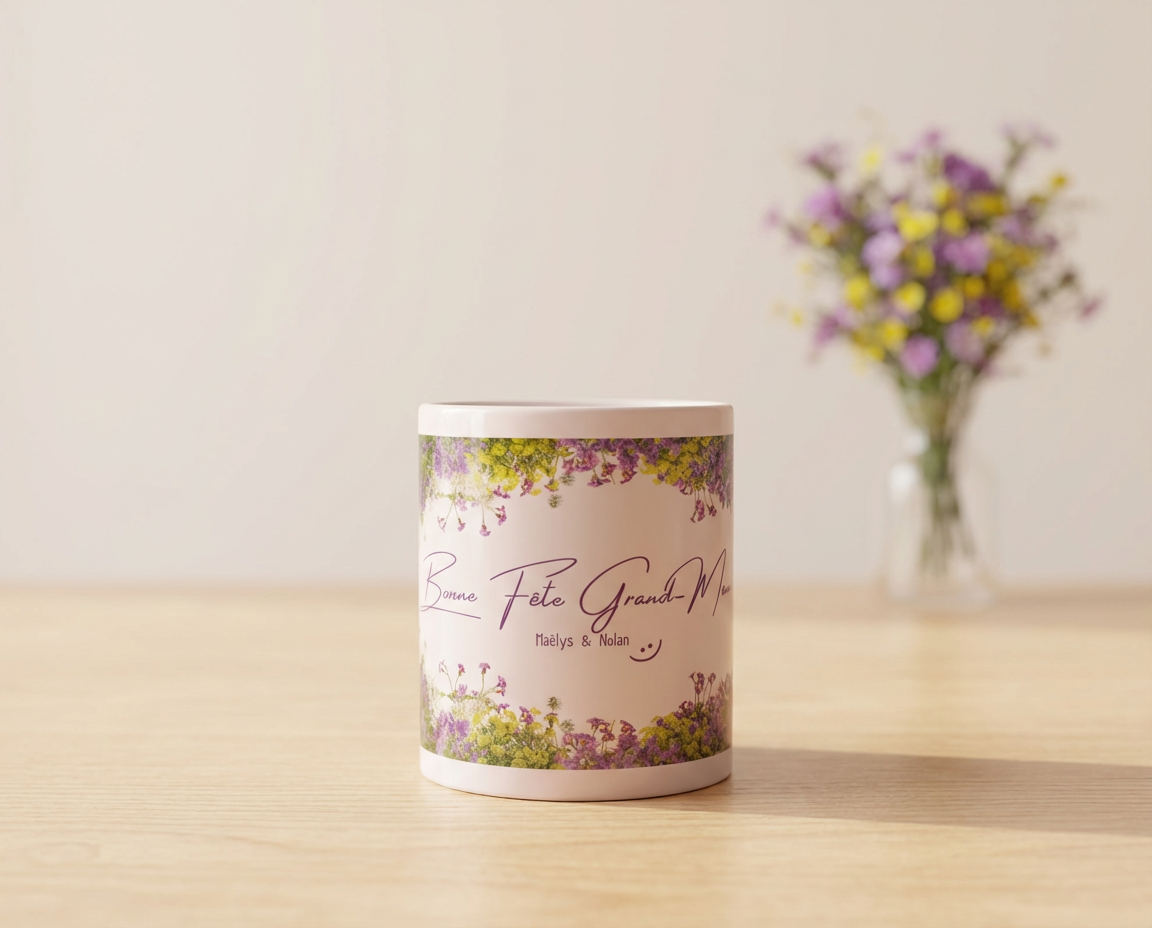 Firefly_Gemini Flash_Décor très doux, élégant et floral pour un mug cadeau “Bonne Fête Grande-Mamie” vue d 602825